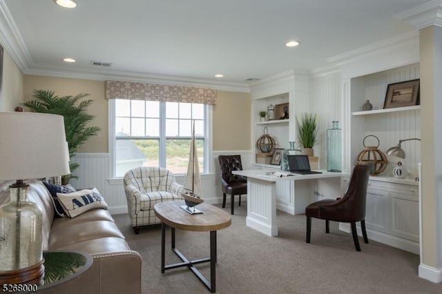 interior space featuring built in shelves and crown molding