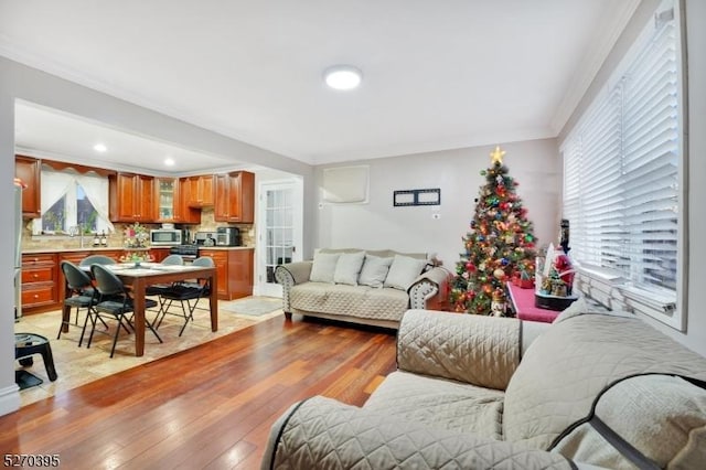 living room with light wood-type flooring and ornamental molding