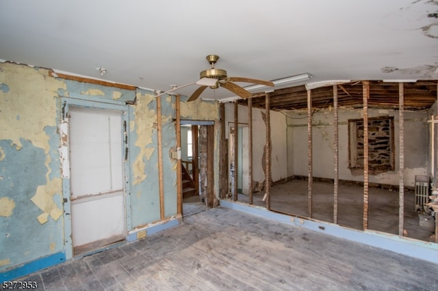 basement featuring ceiling fan