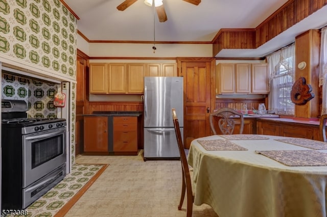 kitchen with ceiling fan and stainless steel appliances