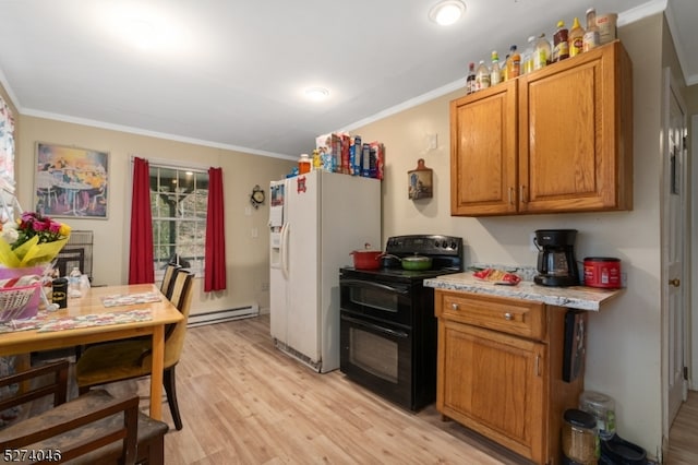 kitchen featuring ornamental molding, black electric range, white refrigerator with ice dispenser, a baseboard radiator, and light wood-type flooring