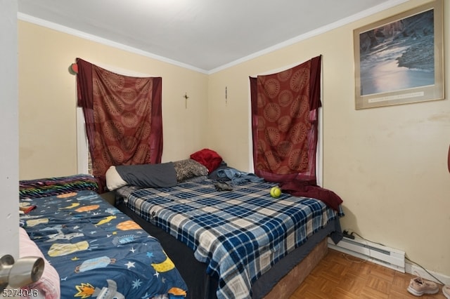 bedroom featuring parquet flooring, ornamental molding, and a baseboard radiator