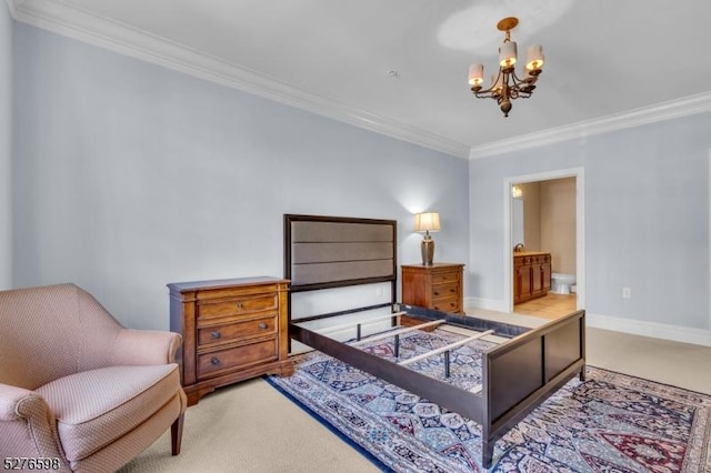 1103 Enclave Cir, Franklin Twp, NJ 08873 - carpeted bedroom with a chandelier, ornamental molding, baseboards, and connected bathroom