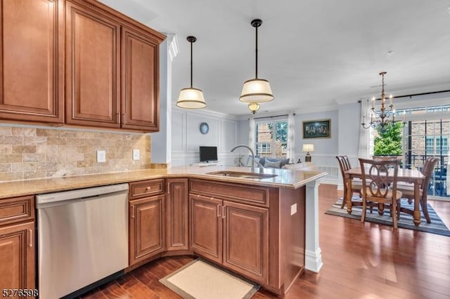 1103 Enclave Cir, Franklin Twp, NJ 08873 - kitchen with dishwasher, a sink, dark wood finished floors, brown cabinetry, and a chandelier