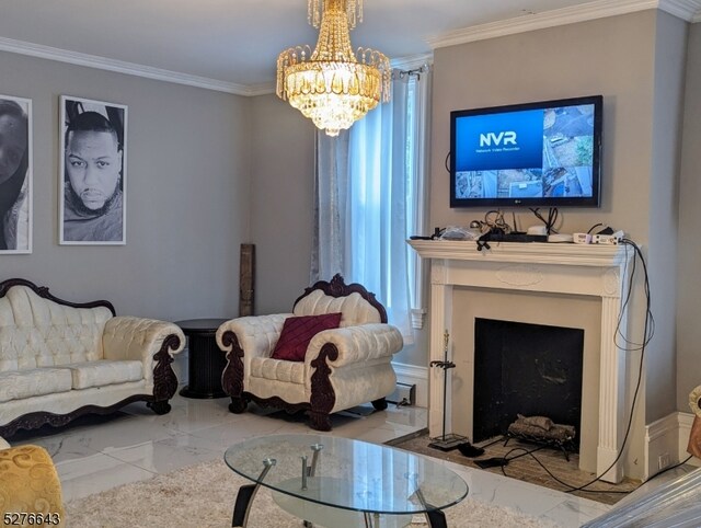 tiled living room with crown molding and a notable chandelier