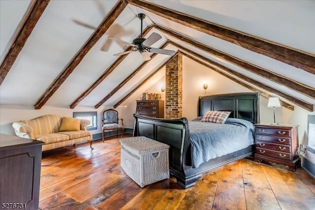 bedroom with brick wall, dark hardwood / wood-style flooring, ceiling fan, and lofted ceiling with beams