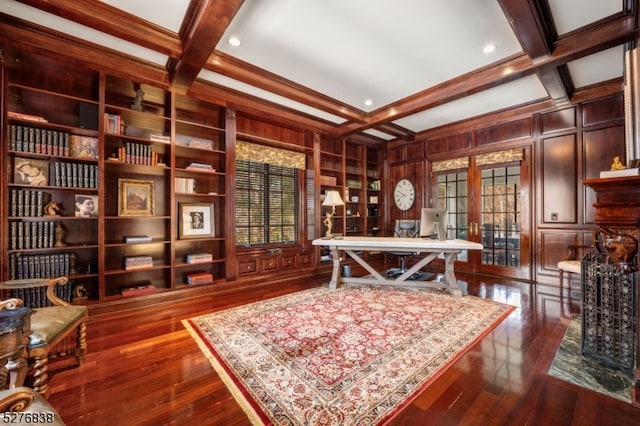 office space with dark wood-type flooring, beamed ceiling, and coffered ceiling