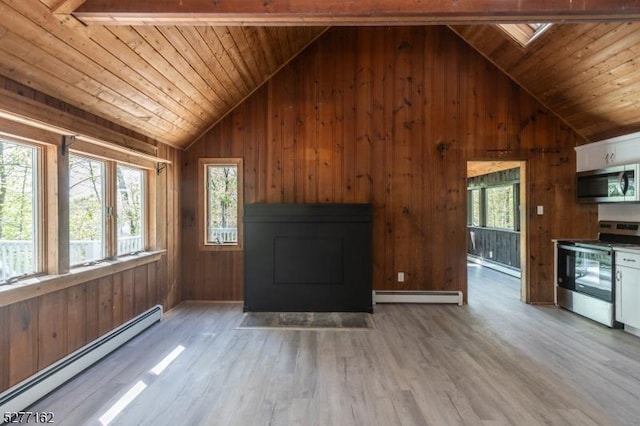 4 Amicalola Dr, Vernon Twp, NJ 07422 - unfurnished living room with wood ceiling, vaulted ceiling, and a baseboard radiator