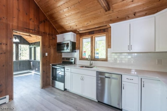 4 Amicalola Dr, Vernon Twp, NJ 07422 - kitchen featuring lofted ceiling, wooden ceiling, light wood finished floors, a sink, and stainless steel appliances