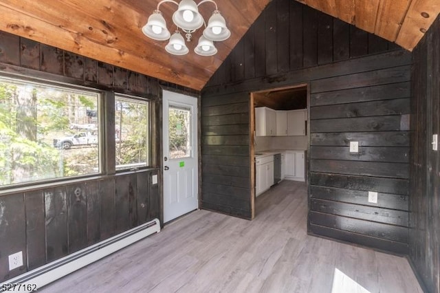 4 Amicalola Dr, Vernon Twp, NJ 07422 - entrance foyer with lofted ceiling, a notable chandelier, a baseboard heating unit, wooden walls, and light wood-type flooring