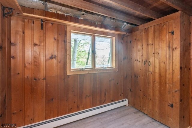 4 Amicalola Dr, Vernon Twp, NJ 07422 - empty room with a baseboard heating unit, wood walls, beam ceiling, and light wood-type flooring