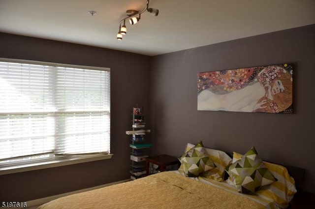 bedroom featuring rail lighting