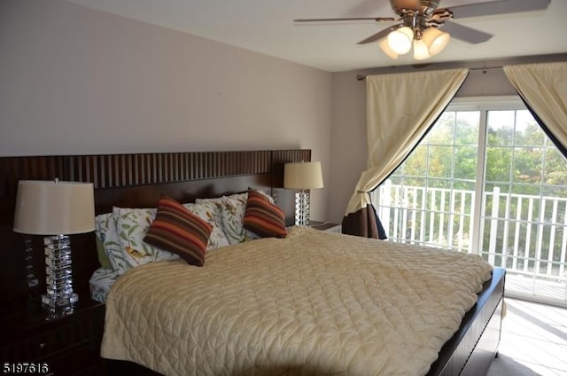 bedroom with a ceiling fan and access to outside