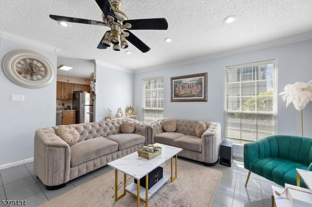 193 Columbus Dr Unit 193, Franklin Twp, NJ 08823 - living room with ornamental molding, ceiling fan, a textured ceiling, light tile patterned floors, and baseboards