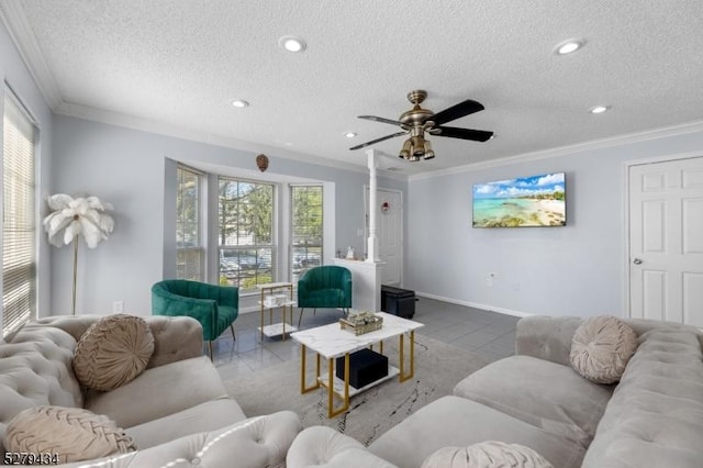 193 Columbus Dr Unit 193, Franklin Twp, NJ 08823 - living room featuring a textured ceiling, crown molding, a ceiling fan, baseboards, and recessed lighting