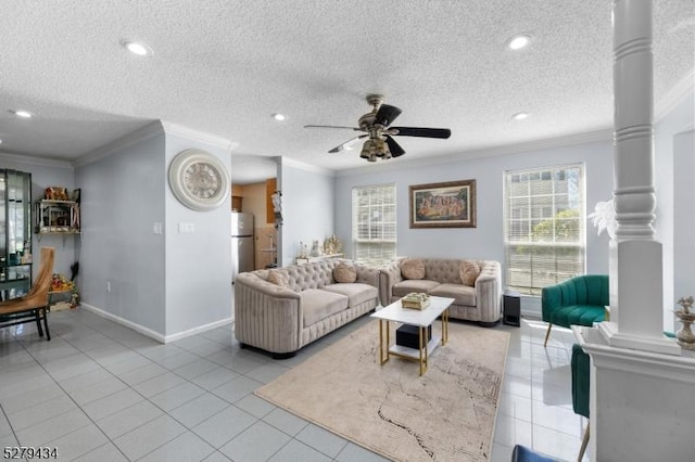 193 Columbus Dr Unit 193, Franklin Twp, NJ 08823 - living room featuring ornamental molding, ornate columns, ceiling fan, healthy amount of natural light, and baseboards