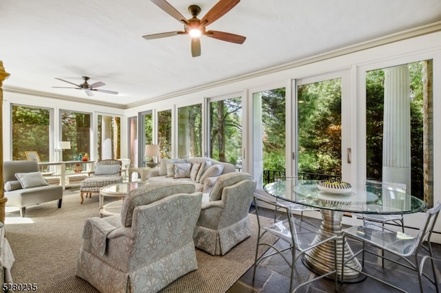 sunroom featuring ceiling fan and a wealth of natural light