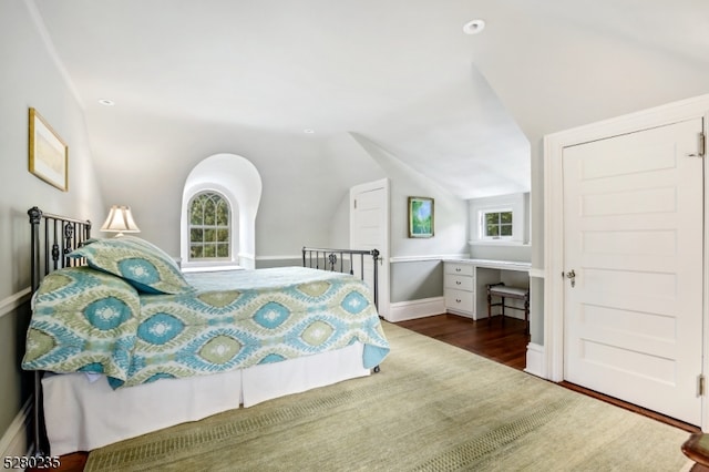 bedroom featuring dark wood-type flooring and lofted ceiling