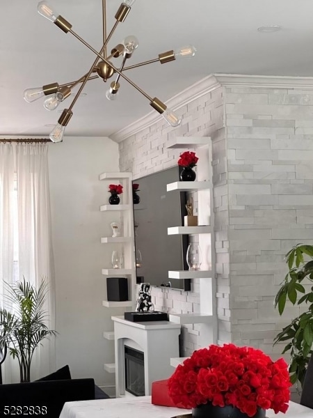 kitchen with crown molding and tile walls