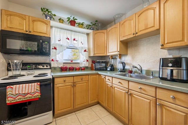 kitchen with sink, tasteful backsplash, light tile flooring, and white range with electric stovetop