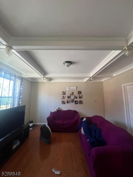 living room featuring hardwood / wood-style flooring and ornamental molding