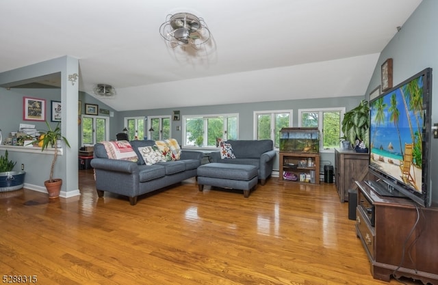 living room with light hardwood / wood-style floors and lofted ceiling