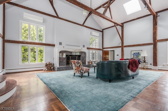 living room with a wall mounted AC, high vaulted ceiling, a skylight, and parquet flooring