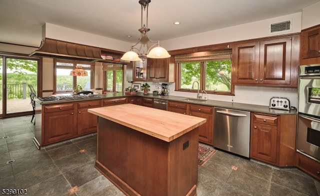 kitchen featuring plenty of natural light, dark tile floors, and stainless steel appliances