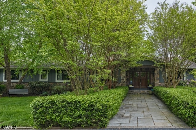 view of property hidden behind natural elements with french doors