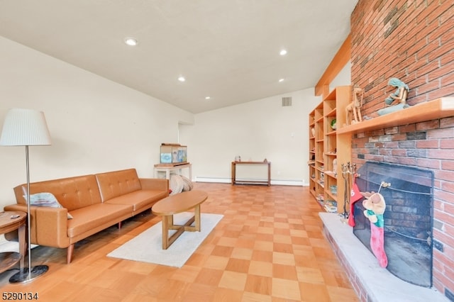 living room with light tile floors and a brick fireplace