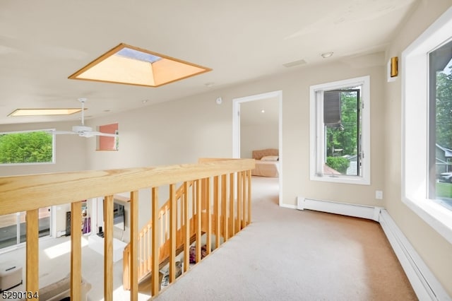 corridor with carpet flooring, a baseboard radiator, and a skylight