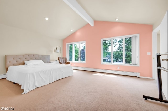 bedroom with vaulted ceiling with beams, a baseboard radiator, and carpet floors