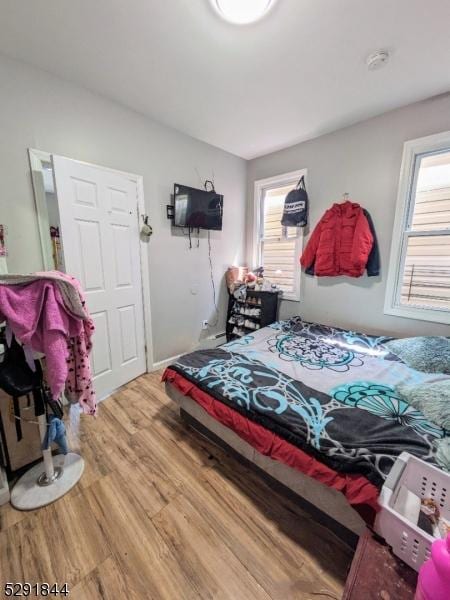 bedroom featuring multiple windows and hardwood / wood-style floors