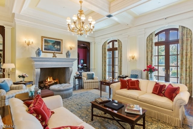 living room with french doors, beamed ceiling, an inviting chandelier, coffered ceiling, and ornamental molding