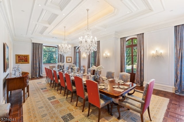 dining space with an inviting chandelier, coffered ceiling, parquet flooring, and ornamental molding