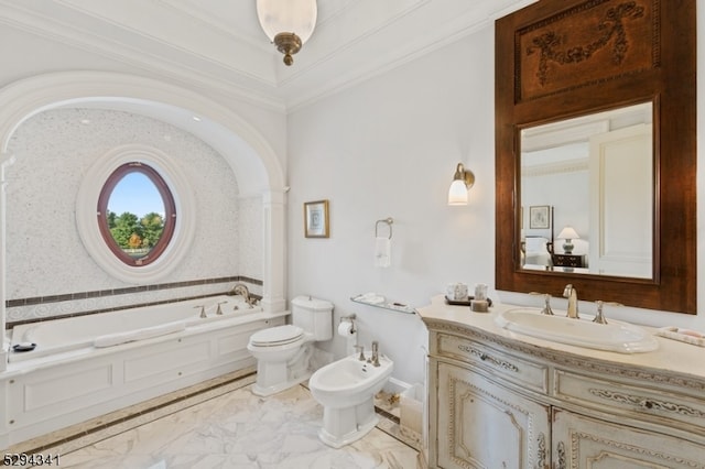 bathroom featuring crown molding, a bidet, vanity with extensive cabinet space, a bath to relax in, and toilet