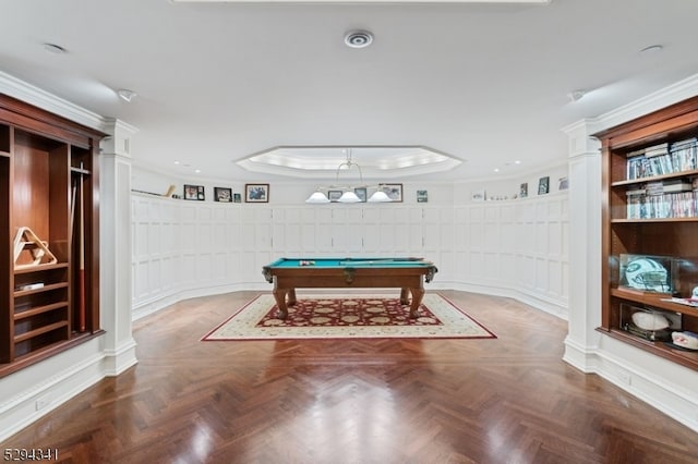 game room with pool table and parquet floors