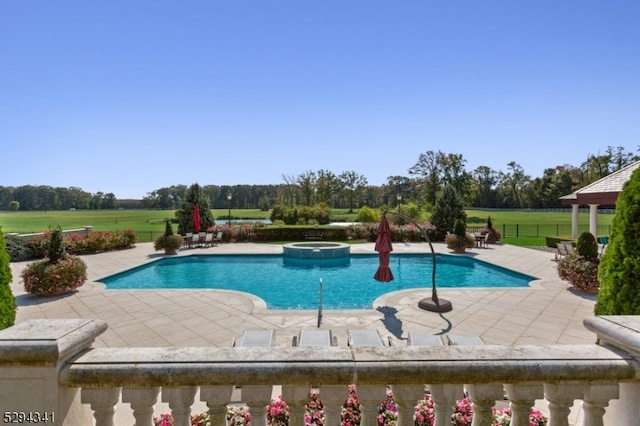 view of swimming pool with a patio area and an in ground hot tub