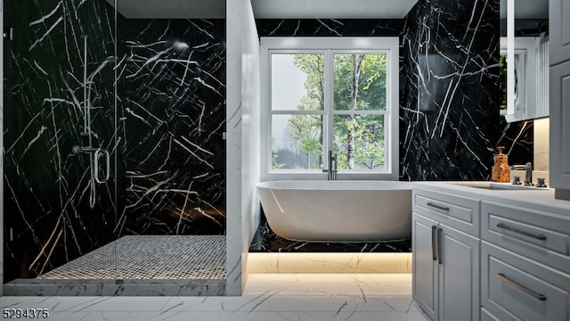 bathroom featuring tiled shower, tile floors, vanity, and tile walls