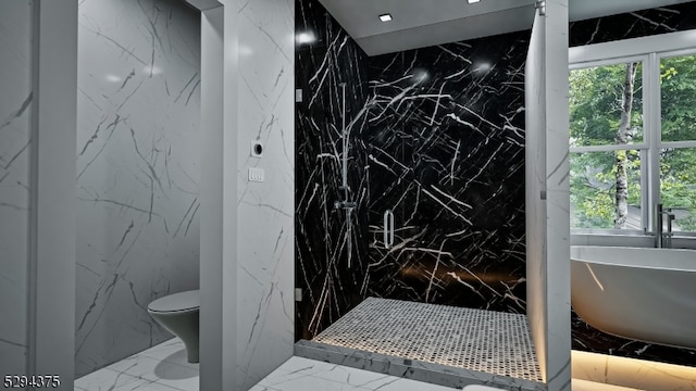 bathroom featuring tile walls, tile floors, a tile shower, and toilet