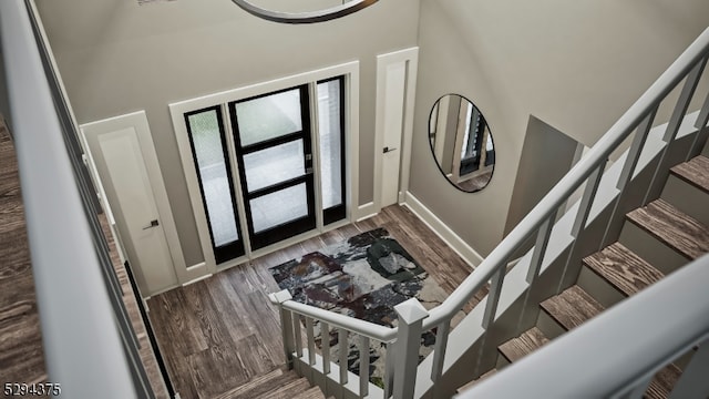 entryway featuring dark hardwood / wood-style floors and a towering ceiling