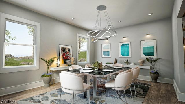 dining space with plenty of natural light and hardwood / wood-style flooring