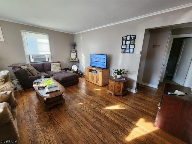 living room featuring ornamental molding, dark wood-type flooring, and cooling unit