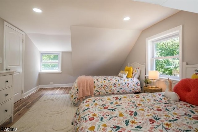 bedroom with lofted ceiling, wood-type flooring, and multiple windows