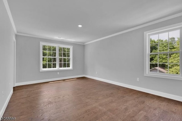 spare room featuring a healthy amount of sunlight, dark hardwood / wood-style flooring, and ornamental molding