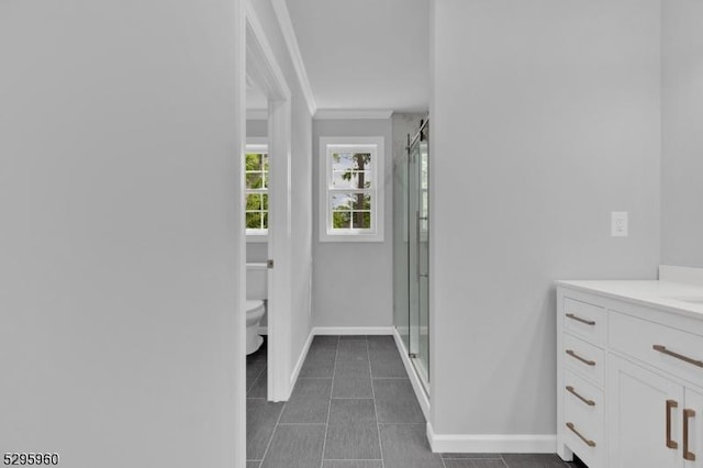 bathroom with vanity, ornamental molding, an enclosed shower, and toilet