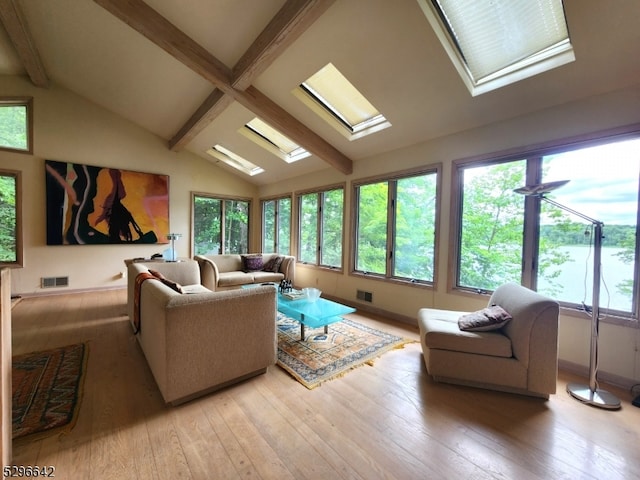 living room with hardwood / wood-style flooring and lofted ceiling with skylight