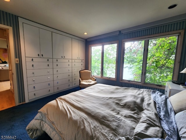 bedroom with dark carpet and a closet