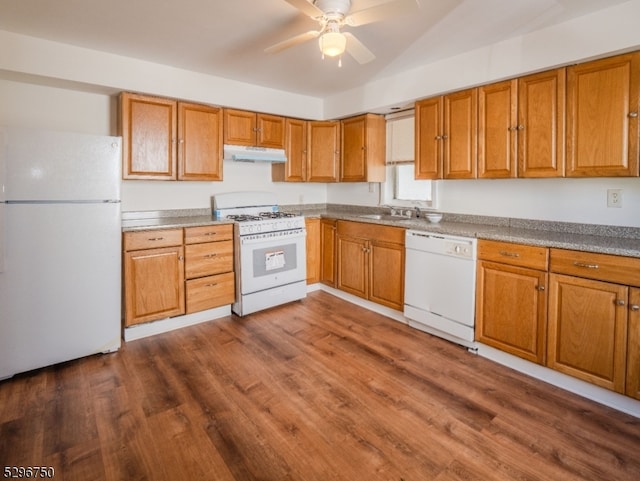 kitchen featuring white appliances, ceiling fan, sink, and dark hardwood / wood-style floors