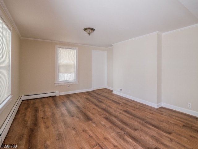 unfurnished room with a baseboard radiator, dark wood-type flooring, and crown molding